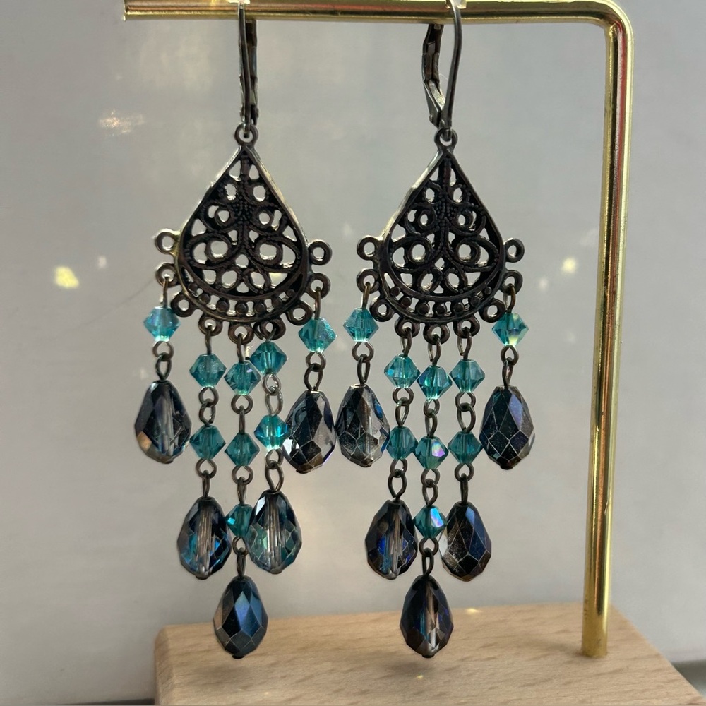 Handmade Sterling silver boho earrings w/ Swarovski crystals in charcoal & aqua - Picture 2 of 11